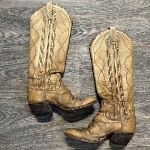 Dan Post Shoes - Vintage Dan Post Size 6 C Cowboy Knee Boots Made in Spain Tan Braided 4115
